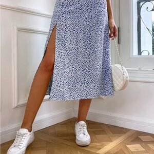 Women's Blue Floral Midi Skirt with Side Slit